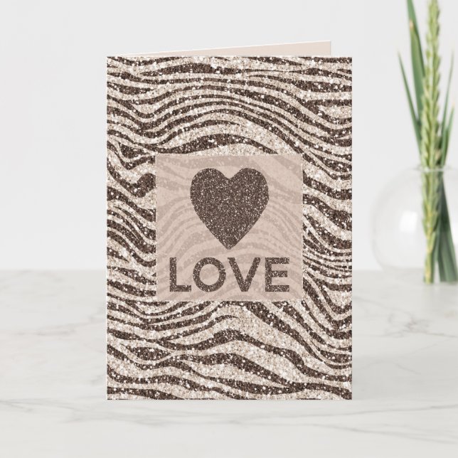 Chocolate Brown Cream  Zebra Glitter Kärlek   Kort (Framsida)