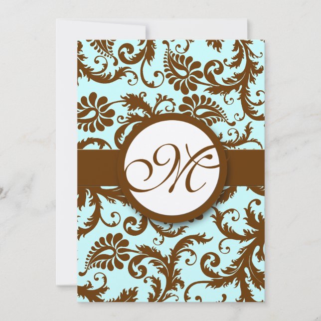 Chocolate Brown Damask Aqua Inbjudningar (Framsida)