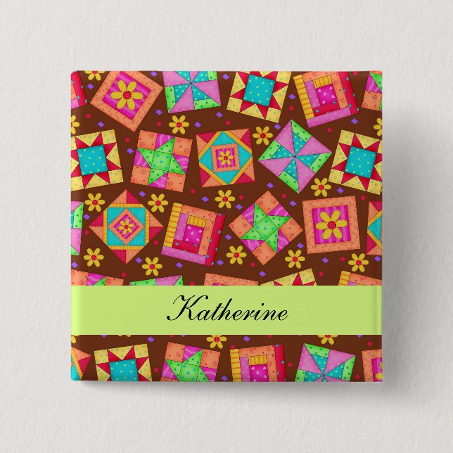 Chocolate Brown Grönt Patchwork Quilt Namn Badge Knapp (Framsida)