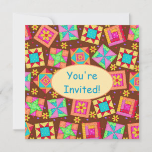 Chocolate Brown Gult Patchwork Quilt Block Art Inbjudningar