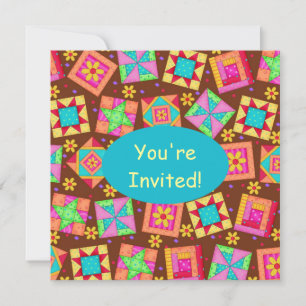 Chocolate Brown Gult Patchwork Quilt Block Art Inbjudningar