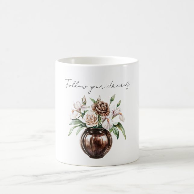 Chocolate Brown Ivory Cream Flowers Kaffemugg (Center)