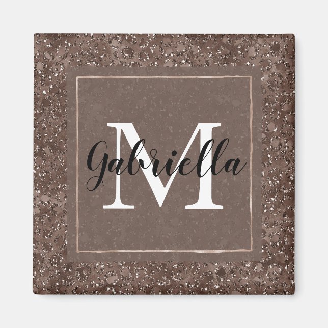 Chocolate Brown Leopard Glitter Monogram Magnet (Framsidan)