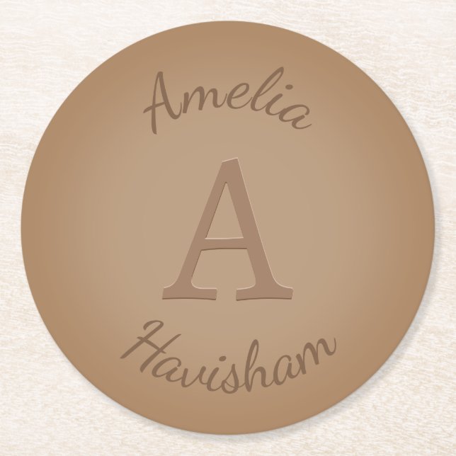 Chocolate Brown Monogram & Namn Personlig Underlägg Papper Rund (Framsidan)