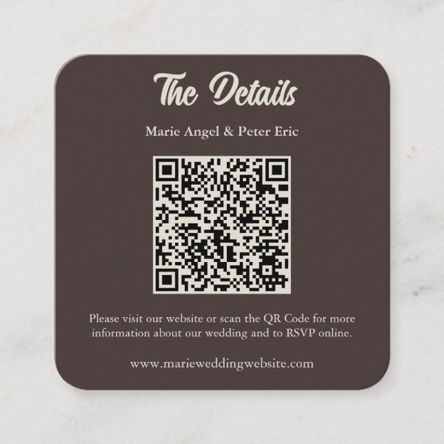 Chocolate Brown Monogram QR Code Wedding Details  Fyrkantigt Visitkort (Framsida)