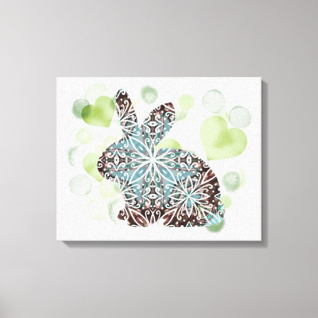 Chocolate Brown och Blues Mandala Bunny + Hearts Canvastryck (Framsida)