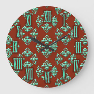 Chocolate Brown och Teal Damask Clock Stor Klocka