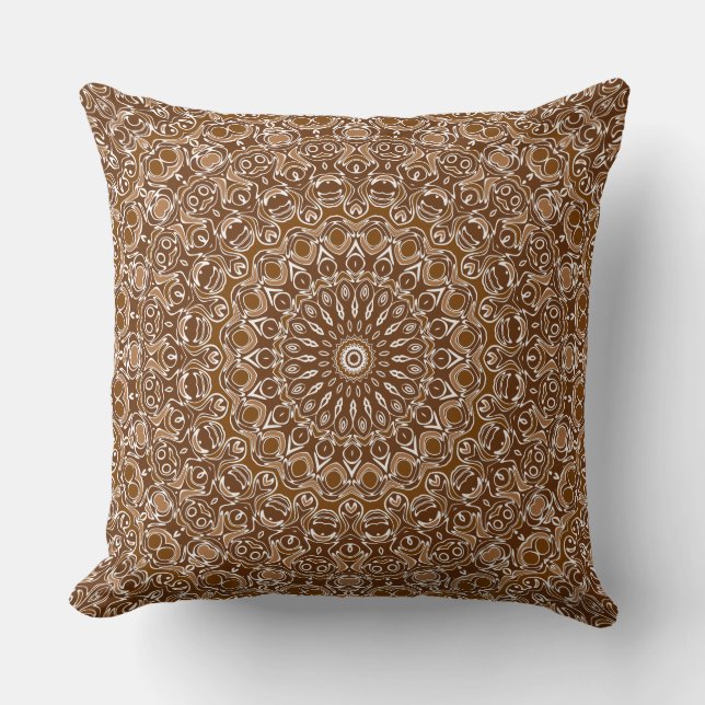Chocolate Brown och White Mandala Mönster Kudde (Framsida)