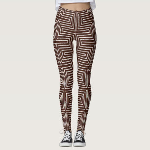 Chocolate Brown och White Maze African Lera Trasa Leggings