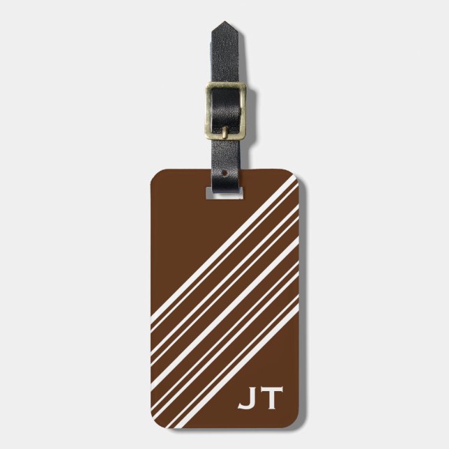 Chocolate Brown och White Streck Monogram Bagagebricka (Vertikal Framsida)