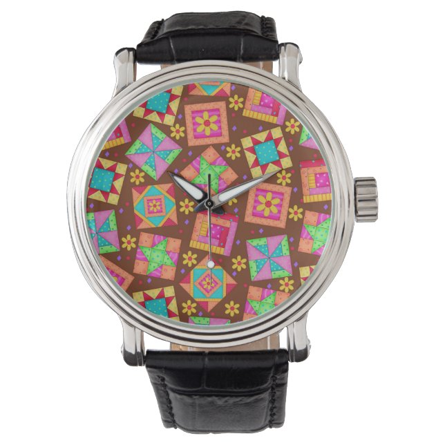 Chocolate Brown Patchwork Quilt Art Blocks Armbandsur (Framsida)