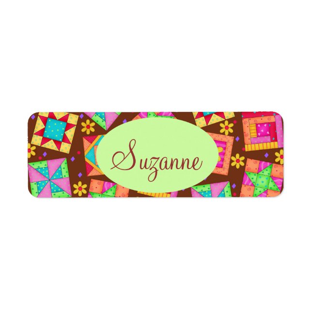 Chocolate Brown Patchwork Quilt Art Blocks Returadress Etikett (Framsidan)