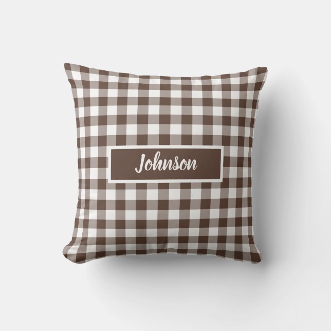 Chocolate Brown Plaid Gingham Customizable Kudde (Framsida)