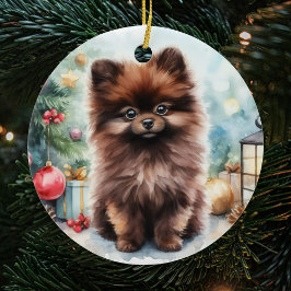 Chocolate Brown Pomeranian Puppy-jul Julgransprydnad Keramik
