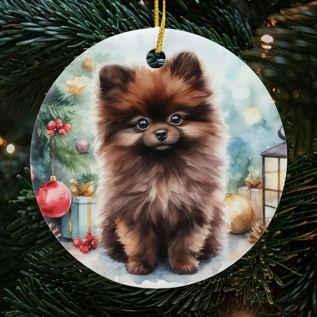 Chocolate Brown Pomeranian Puppy-jul Julgransprydnad Keramik (Skapare uppladdad)