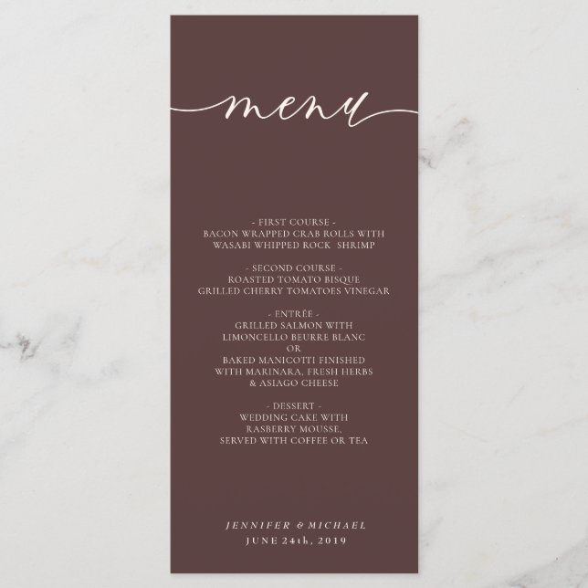 Chocolate Brown Simple Script Wedding Dinner Meny (Framsida)