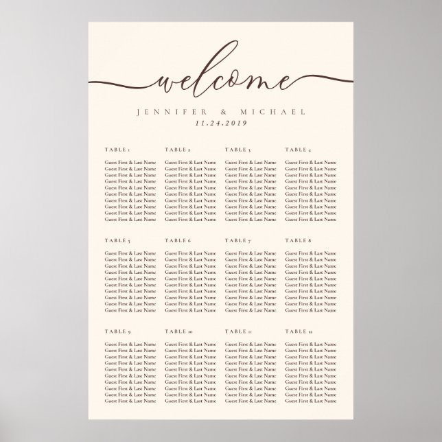 Chocolate Brown Welcome Wedding Table Seating Poster (Framsidan)