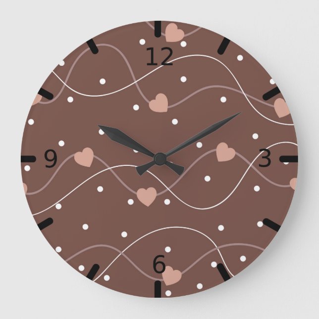 Chocolate Brown with Pink Hearts Pattern Stor Klocka (Framsida)
