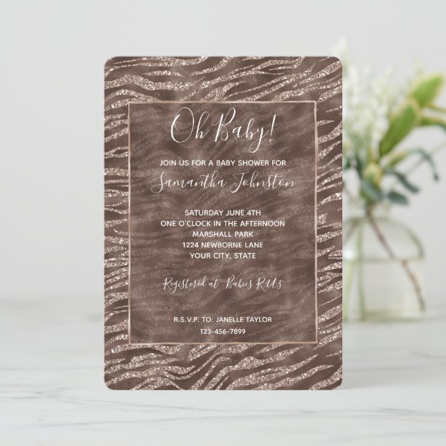 Chocolate Brown Zebra Glitter Baby Shower Inbjudningar (Stående Fram)