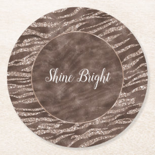 Chocolate Brown Zebra Glitter Peach Ram Underlägg Papper Rund