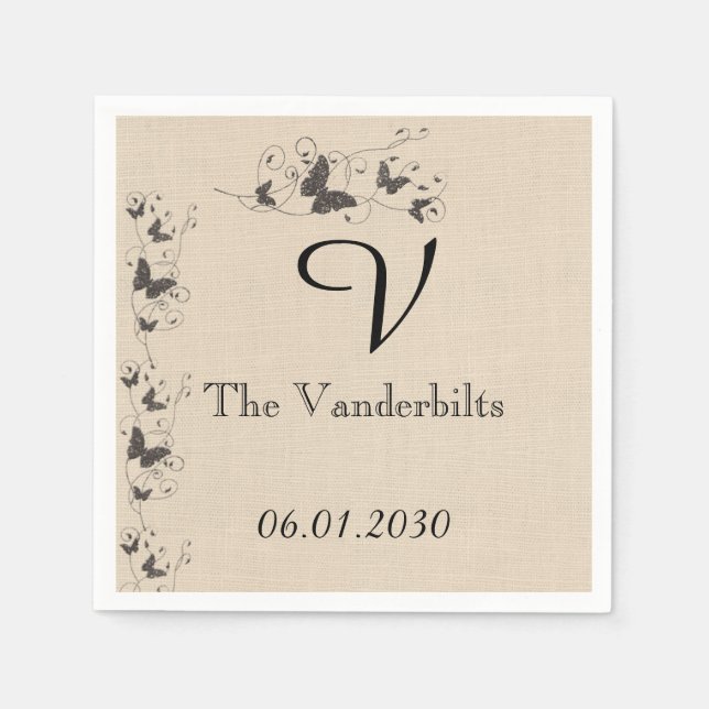 Chocolate Butterflies på Ecru Linen Bröllop Pappersservett (Framsidan)