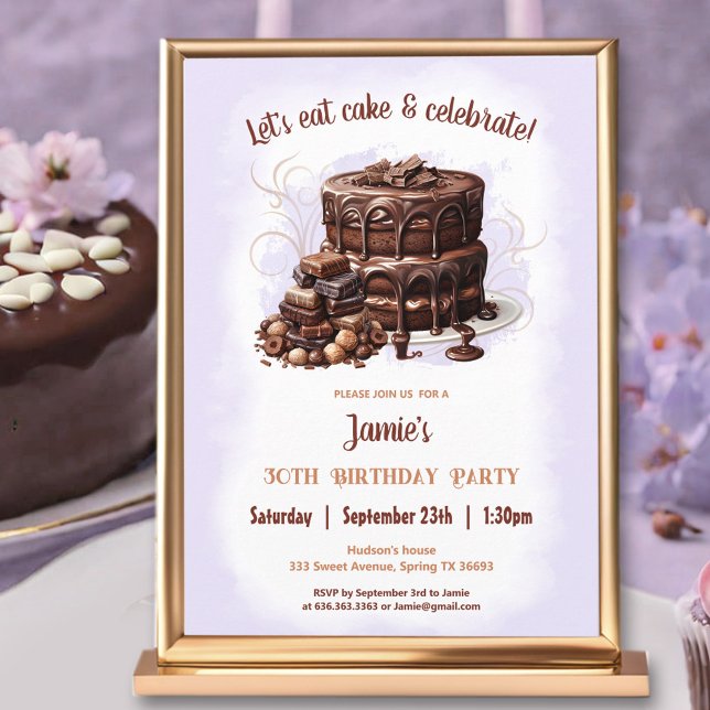Chocolate Cake Desert Lila Brown 30års födelsedag Inbjudningar (Chocolate Cake Purple Brown 30th Birthday Party Invitation)