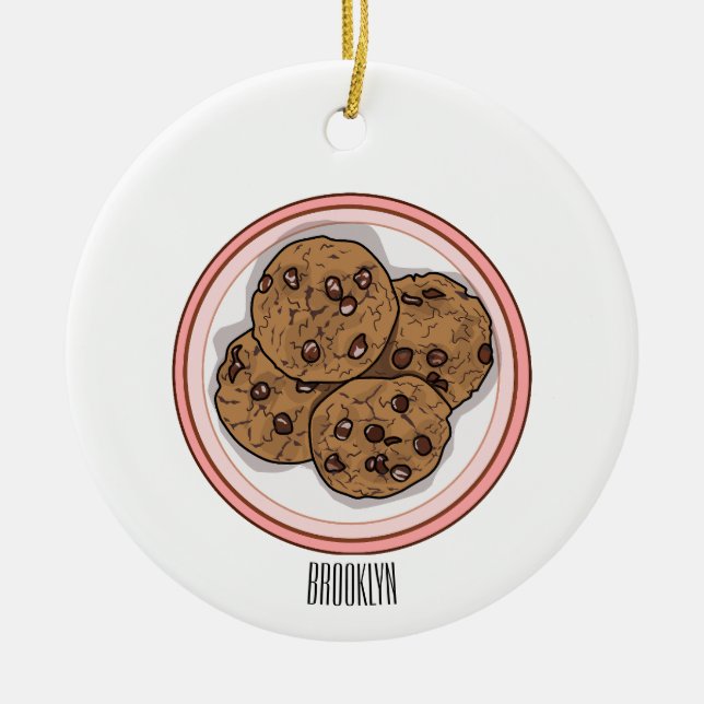 Chocolate chip cookie tecknad illustration julgransprydnad keramik (Framsidan)