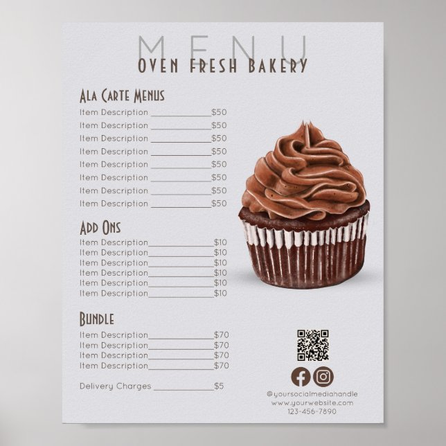 Chocolate Cupcoa Grått Menu Bakery Pris List Poster (Framsidan)
