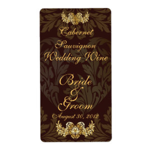 Chocolate Damask Wedding Vin-etikett Fraktsedel