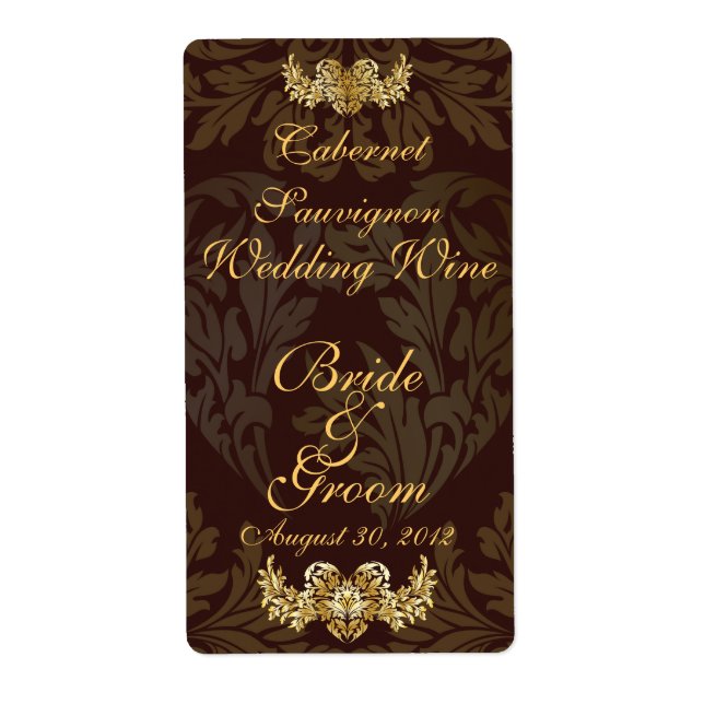 Chocolate Damask Wedding Vin-etikett Fraktsedel (Framsidan)