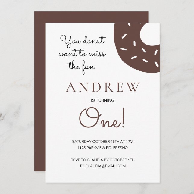 Chocolate Donut Turing One 1st First Birthday Inbjudningar (Fram/baksida)