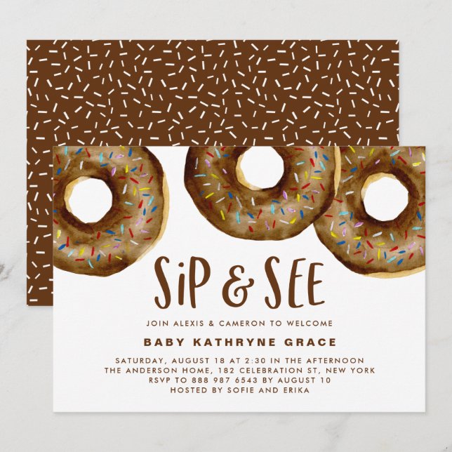 Chocolate Donuts Sprinkles Baby Shower Sip and See Inbjudningar (Fram/baksida)