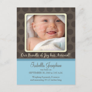 Chocolate Dots Baby Birth Announcement (baby blue) Meddelande Vykort
