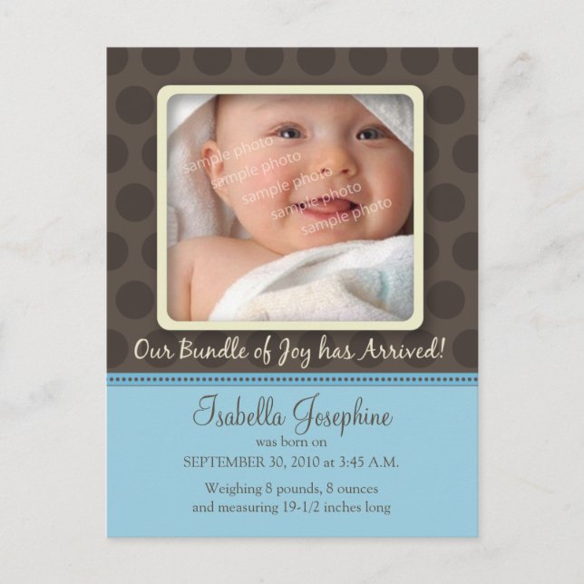 Chocolate Dots Baby Birth Announcement (baby blue) Meddelande Vykort (Framsida)