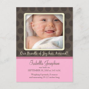 Chocolate Dots Baby Birth Announcement (rosa) Meddelande Vykort