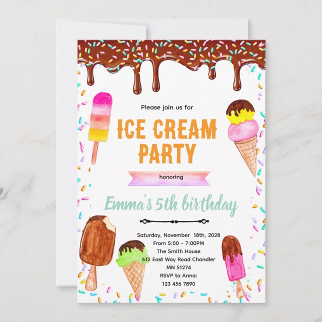 Chocolate drip ice cream birthday invitation inbjudningar (Framsida)