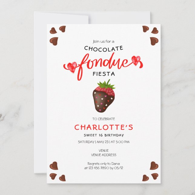 Chocolate Fondue Fiesta Strawberry Hearts Birthday Inbjudningar (Framsida)