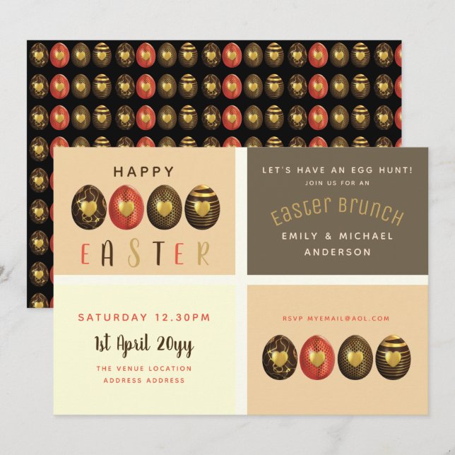 Chocolate Guld Bronze Påsk Brunch Egg Hunt Inbjudningar (Fram/baksida)