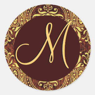 Chocolate Guld Monogram M Damask Wedding Sticker V Runt Klistermärke