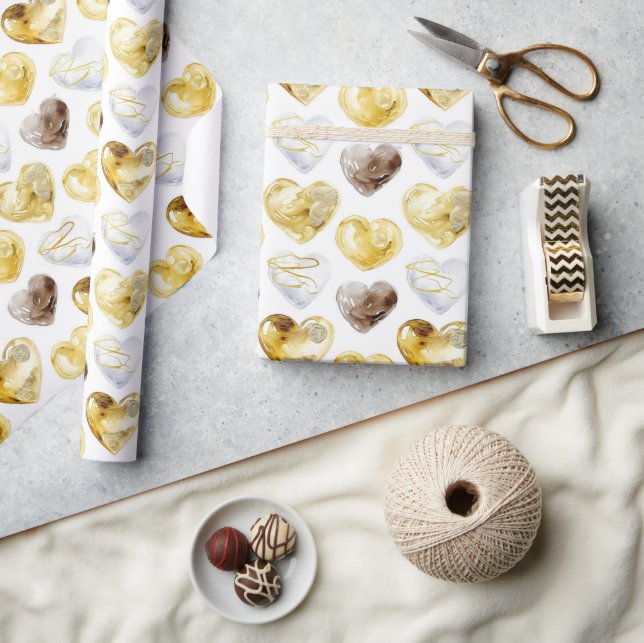 Chocolate Guld White Hearts Birthday Presentpapper (Hantverk)