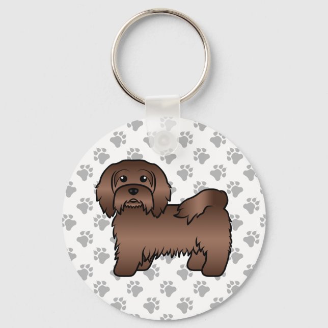 Chocolate Havanese Cute Tecknad hund Illustration Nyckelring (Framsida)