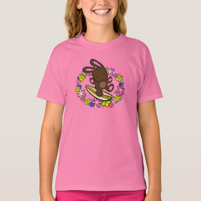 Chocolate Hawaiian Surfing Bunny Tecknad Rosa Tee (Framsida)