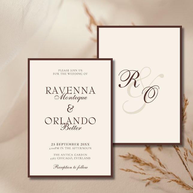 Chocolate Ivory Monogram Glam | Gammaldags Bröllop Inbjudningar (Skapare uppladdad)