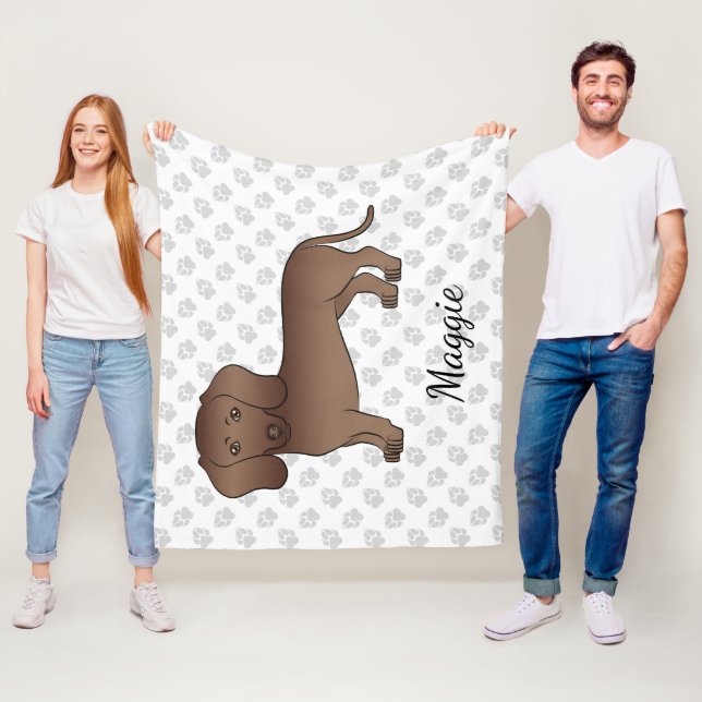 Chocolate Kort Hair Dachshund Tecknad hund & Namn Fleecefilt (På plats)