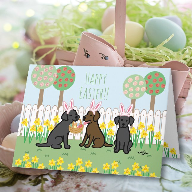 Chocolate Lab and Black Labs Påskhares Garden Helgkort (Chocolate Lab and Black Lab Easter Bunnies Greeting Cards.  Cute Labrador Cartoon Design.)