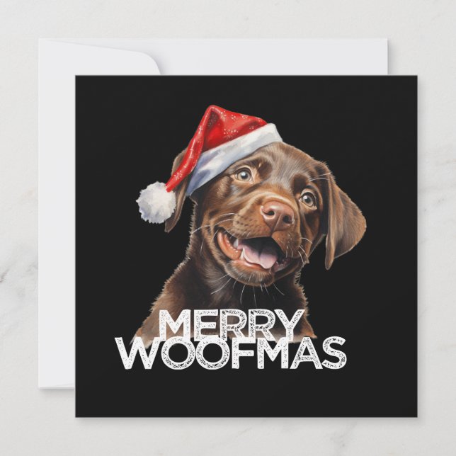 Chocolate lab dog santa hat MERRY WOOFMAS funny Julkort (Framsida)