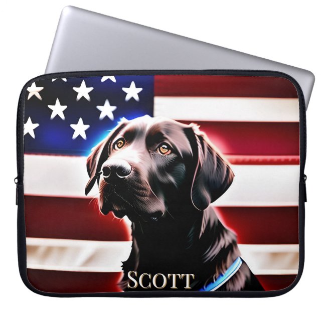 Chocolate Lab Hund med American Flagga Rustic Laptop Fodral (Framsidan)