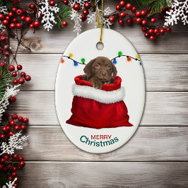Chocolate Lab Puppy i Helgdag Gift Bag Julgransprydnad Keramik