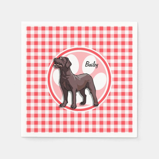 Chocolate Lab; Red and White Gingham Pappersservett (Framsidan)