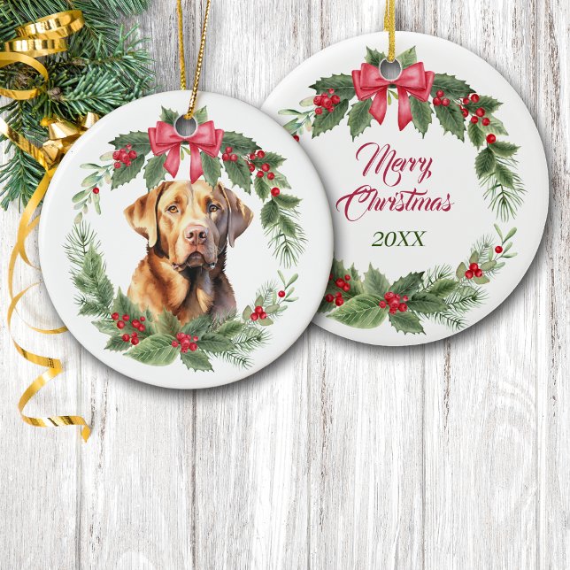Chocolate Lab Retriever Red Bow Holly Wandeans Julgransprydnad Keramik (Skapare uppladdad)
